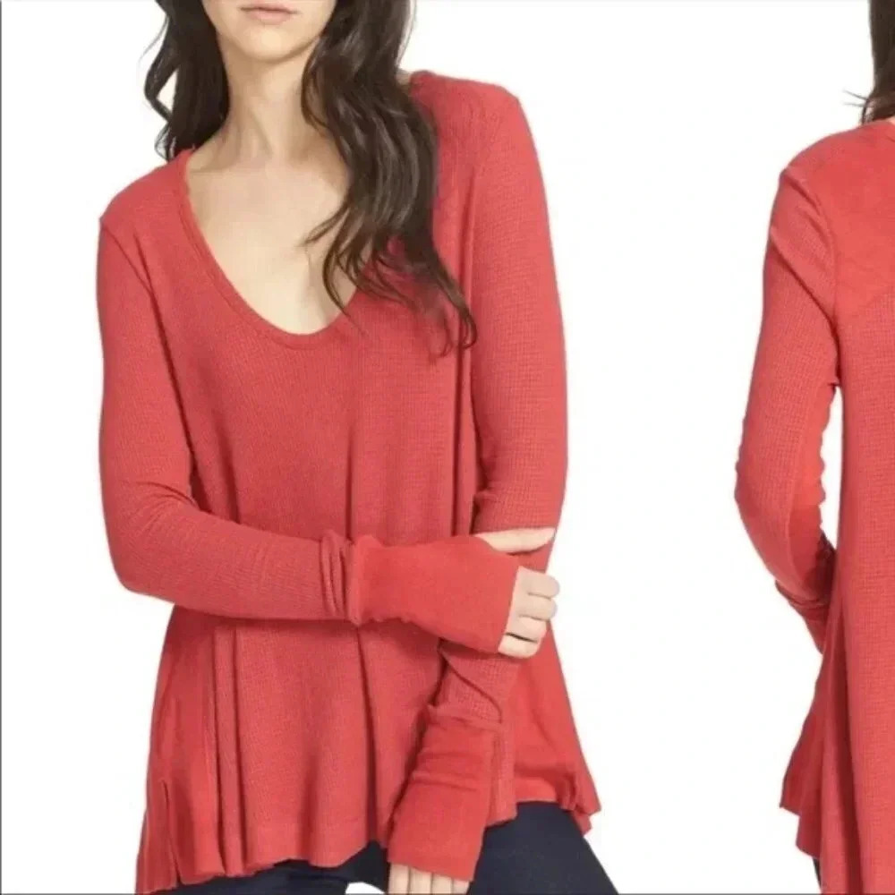 Free People We the Free Cherry Red Malibu Oversized Slouchy Thermal Shirt Small